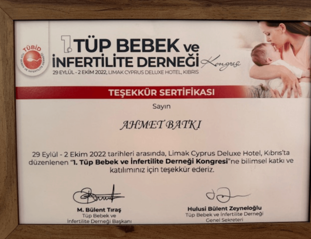 1. Tüp Bebek ve İnfertilite Derneği Kongresi Teşekkür Belgesi 2022