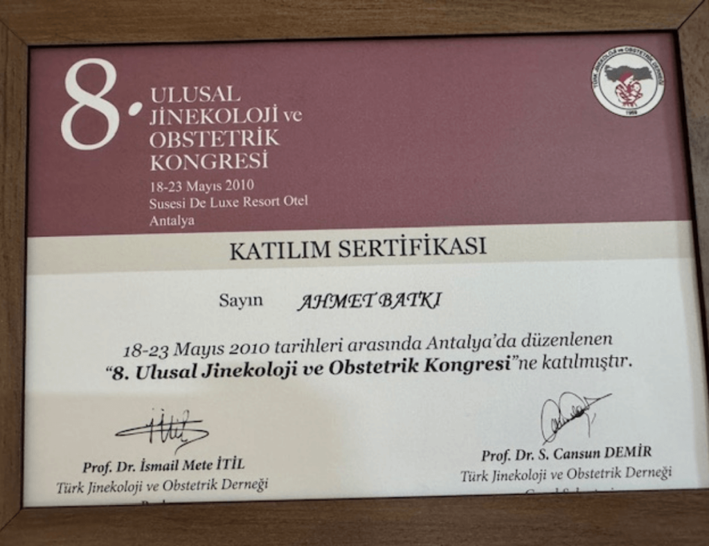 8. Ulusal Jinekoloji ve Obstetrik Kongresi Katılım Belgesi 2010