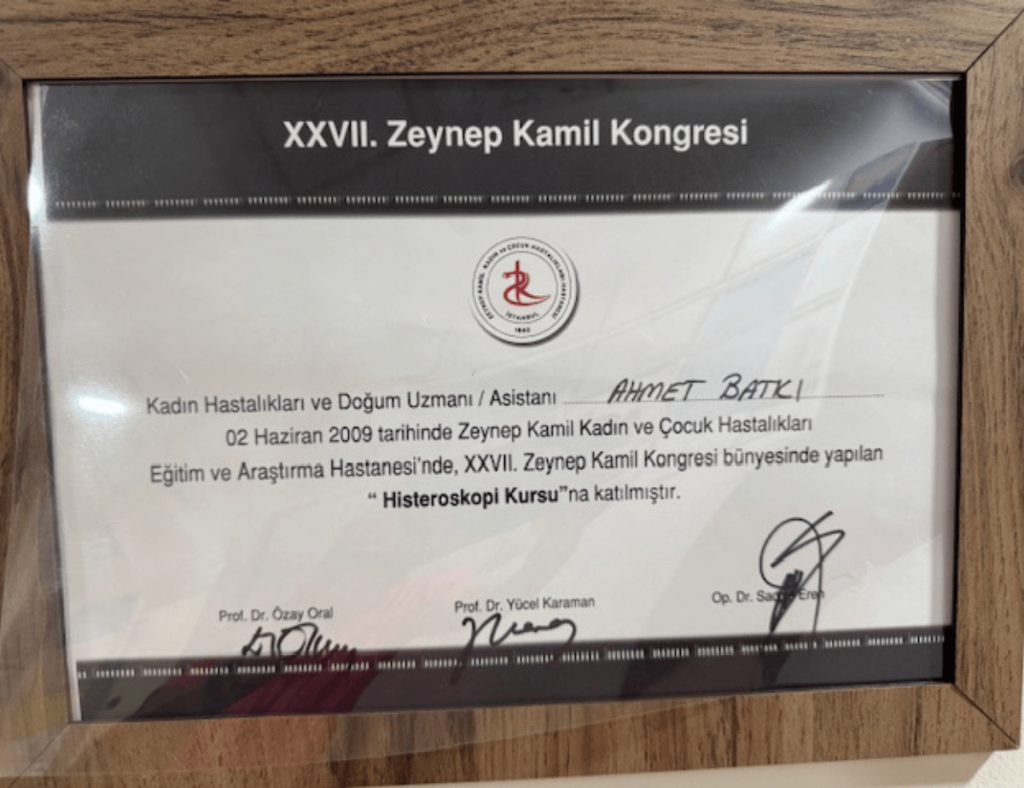 Zeynep Kamil Histeroskopi Kursu Katılım Belgesi 2009